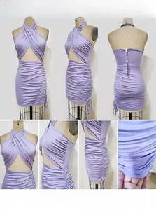 Détail de la robe licou lavande avec découpe à la taille et cordon de serrage latéral