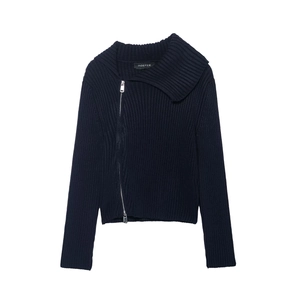 Women Knitted Cardigan Sweater Ribbed Long Sleeve Asymmetric Zipper Turn Down Collar Solid Color Slim Fit Fashion Outerwear