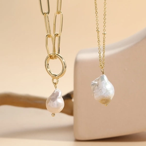 Baroque Freshwater Pearl Pendant Necklace Copper 14K Gold Plated Paperclip Chain Satellite Minimalist Jewelry For Women