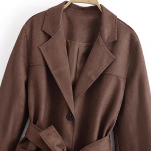 Deep brown faux suede trench coat with notched lapels and matching waist belt