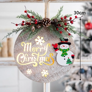 Luminous 30cm wooden Merry Christmas door sign with snowman, pine cones and LED lights