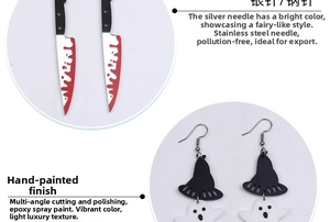 Detail of Halloween bloody knife and ghost wizard hat acrylic earrings with silver pins