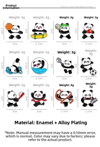 Detailed size chart for 12 panda sports enamel pins including basketball and soccer motifs