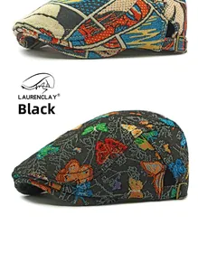 Close-up of retro jacquard beret hat featuring butterfly embroidery and adjustable buckle
