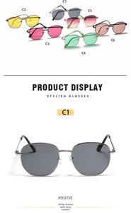 Detailed grid showing vintage round metal sunglasses in six different lens colors