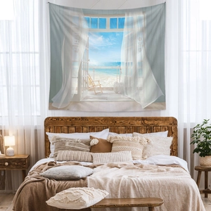 Detail of bohemian tapestry featuring a Mediterranean sea view and beach landscape