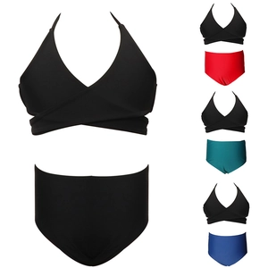 Mädchen Neckholder Kreuzwickel Bikini Top Und Hohe Taille Hose Nylon Hochelastisch Einfarbig Badeanzug