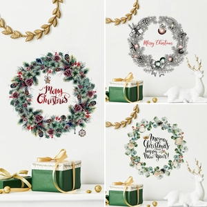 Christmas Wreath Stickers PVC Waterproof Removable Wall Door Window Toilet Seat Decoration Hand-Painted Pine Cone Berry