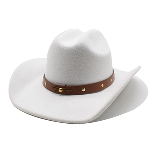 Classic white felt cowboy hat with brown leather band and gold studs on a white background