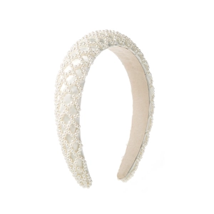 Baroque wide white pearl padded headband with lattice pattern on elegant satin base