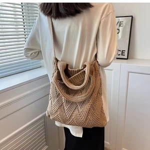 Chic khaki knitted tote bag for women, large capacity vintage woven shoulder bag in a casual style