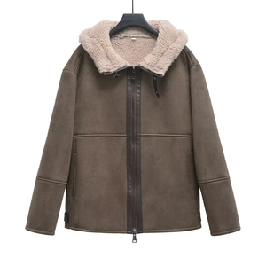 Giacca Motociclista Cappuccio Scamosciato Donna Foderata Sherpa Ampia Calda Cappotto Invernale Ecopelle Marrone Casual