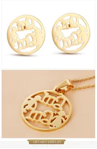 Detail display of golden stainless steel Mom necklace and matching round earrings set