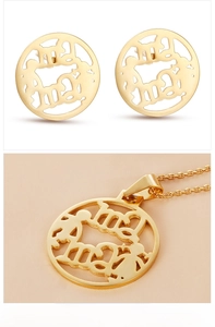 Detail display of golden stainless steel Mom necklace and matching round earrings set