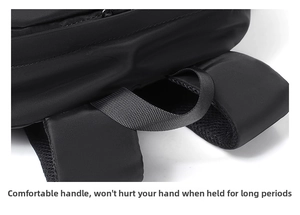 Close-up of comfortable handle and padded shoulder straps on black nylon laptop backpack