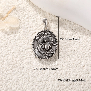 Silver vintage oval portrait pendant with size specs: 27.3mm height and 15.6mm width