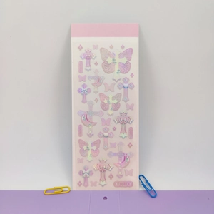 Detailed pink 3D laser sticker featuring shiny butterfly moon and cross patterns