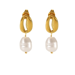 Golden scallop shell drop earrings with natural freshwater pearls on a white background