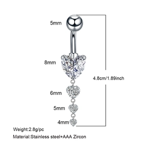 Silver stainless steel belly ring with AAA zircon heart pendant and size dimensions