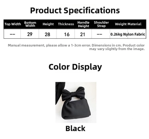 Detailed size chart for black nylon tote bag showing dimensions and weight metrics