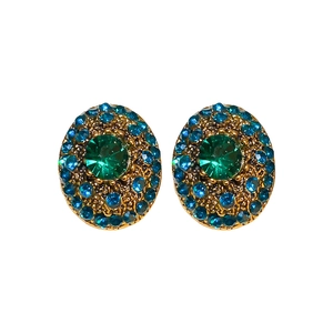 French vintage oval earrings with green gemstone and blue pavé crystals in gold