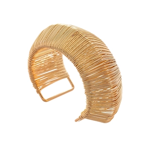 Golden woven wire wrap square bangle with a wide open minimalist geometric design