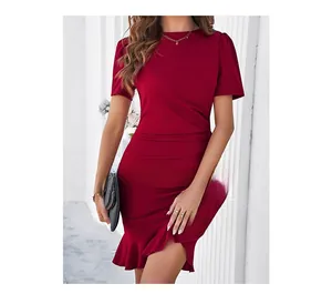 Detail of burgundy bodycon dress with puff sleeves and waist ruffles for a slim fit