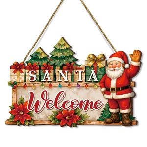 Christmas Santa Welcome hanging wooden sign with festive ornaments for home holiday decor