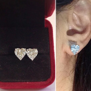 Mini heart-shaped colorful zircon stud earrings with red velvet box and model wearing view