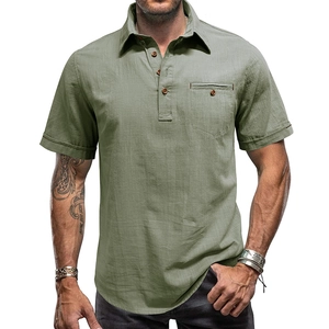 Close-up of olive green men's cotton linen shirt featuring chest pocket and fabric texture