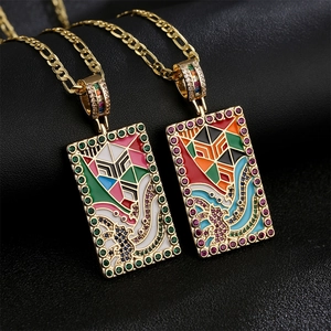 Collana Con Ciondolo Pittura Ad Olio Rettangolare Rame Placcato Oro Zircone Smalto Colorato Arte Astratta Gioielli Per Donne