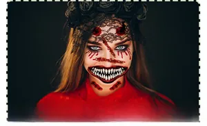 Macro detail of Halloween horror mouth tattoo sticker with realistic blood and stitches