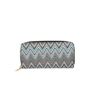 Women's long zipper wallet with blue and brown chevron pattern on white background