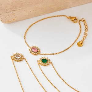 Retro French Style Gemstone Bracelet Elegant Zircon Stainless Steel Flower Hand Jewelry For Women Adjustable