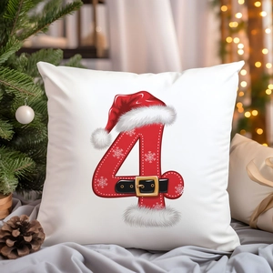 Detailed view of a white Christmas pillowcase with a festive Santa-themed number 4 print