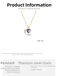 Detailed dimensions of heart pendant 11.2x16.8mm in purple zircon and gold plating