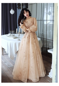 Detailed embroidery of star-shaped sequins on champagne tulle evening dress with lantern sleeves