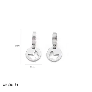 Detailed size view of silver butterfly cutout hoop earrings in stainless steel