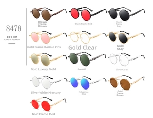 Detailed grid display of steampunk round sunglasses in 13 various frame and lens colors