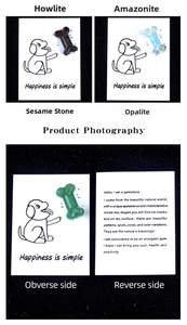 Detailed views of bone-shaped natural stones with illustrated gift display cards