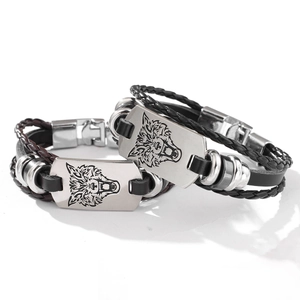 Men Braided Leather Bracelet With Alloy Wolf Head Totem Plaque Retro Punk Ethnic Bangle Jewelry Gift