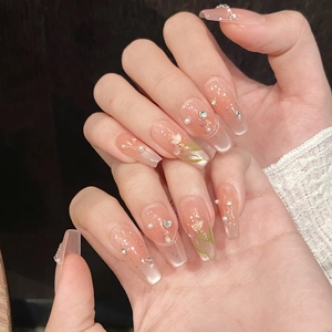 Pink tulip cat eye press-on nails with pearls, rhinestones and hand-painted floral design