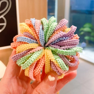 Detailed close-up of a colorful elastic seamless hair tie with soft textured fabric