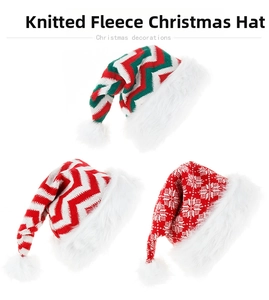 Detailed view of knitted Christmas hats featuring wave patterns and white plush trim