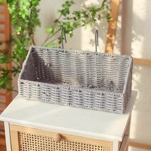 Gray woven cotton rope hanging basket with metal hooks for wall storage and decor
