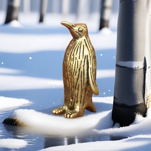 Charming brass penguin figurine with hand-carved texture in a winter snow setting