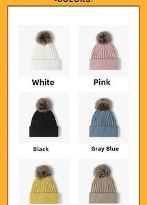 Detailed grid showing knitted winter hats in white pink black blue yellow and khaki colors