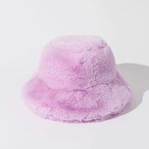 Close-up of lavender faux fur bucket hat showing soft plush texture and thick material