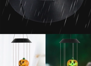 Solar Halloween pumpkin wind chime showing waterproof detail and day/night mode switch