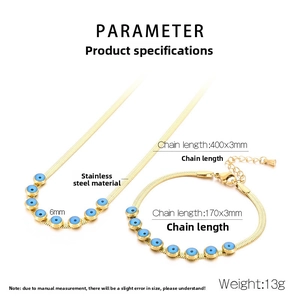 Detailed size specifications for gold snake chain necklace and blue eye bracelet set